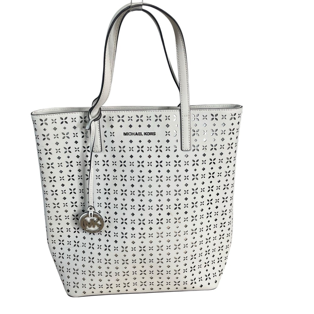 Michael Kors White Perforated Leather Tote Bag MK Charm‎